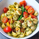 PESTO CHICKEN TORTELLINI AND VEGGIES centered hero view, clean and uncluttered