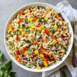 RAINBOW ORZO SALAD centered hero view, clean and uncluttered