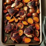 SHEET PAN CHICKEN AND SWEET POTATOES centered hero view, clean and uncluttered