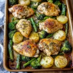 SHEET PAN GARLIC BUTTER CHICKEN centered hero view, clean and uncluttered