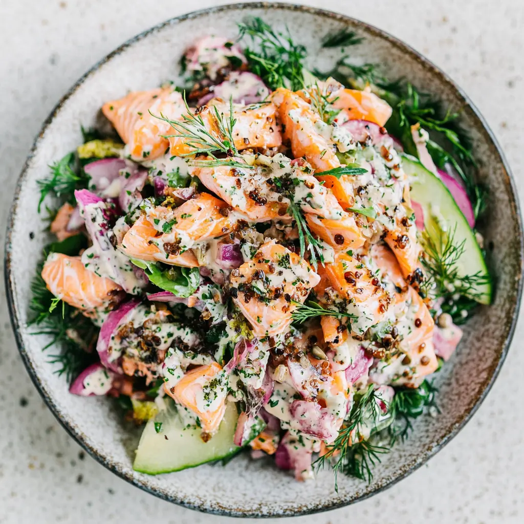 Salmon salad with fresh vegetables and herbs in a serving bowl