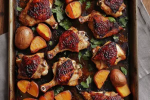 Sheet Pan Chicken and Sweet Potatoes Easy Weeknight Dinner SHEET PAN CHICKEN AND SWEET POTATOES centered hero view, clean and uncluttered