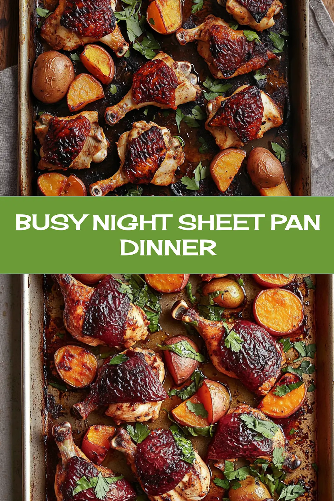 Sheet Pan Chicken and Sweet Potatoes Easy Weeknight Dinner 7 Sheet pan chicken and sweet potatoes centered hero view, clean and uncluttered pin