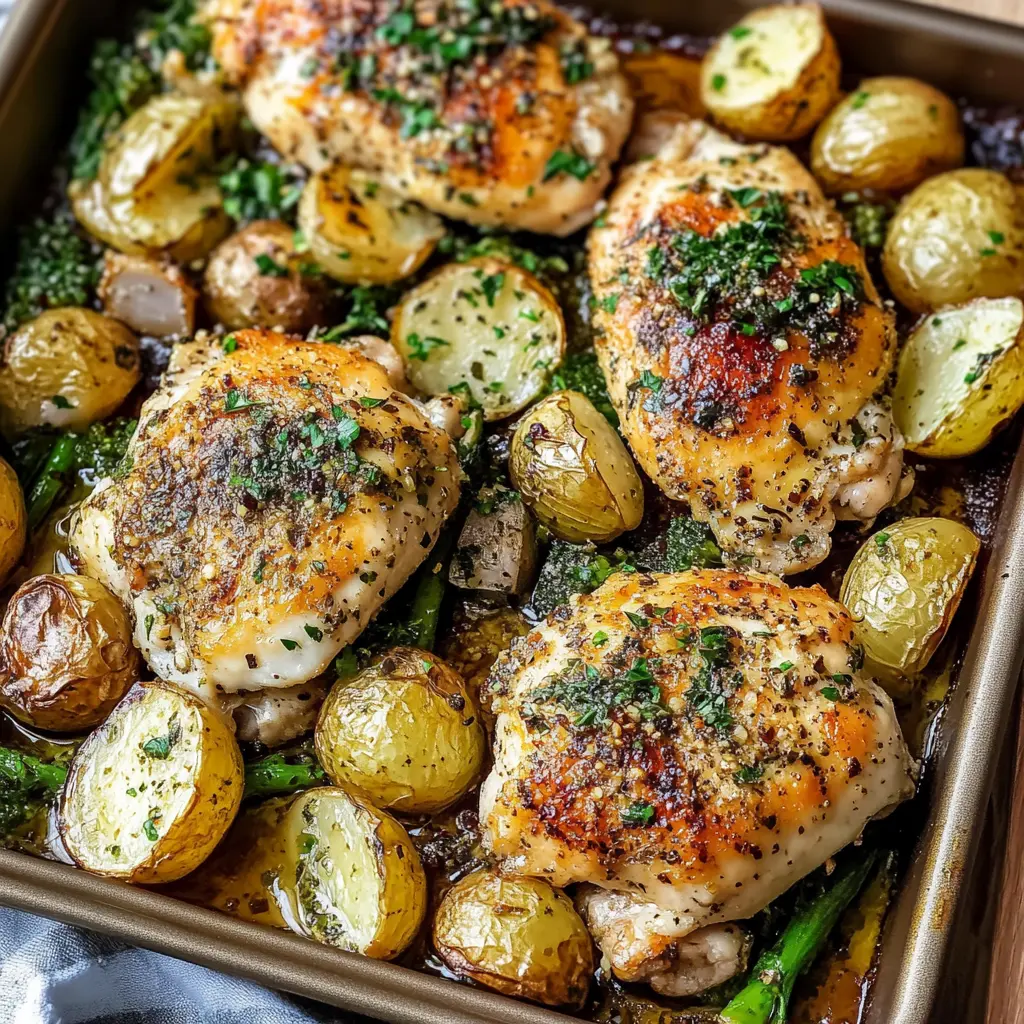 Sheet pan garlic butter chicken with roasted vegetables centered on white background