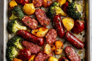 Sheet Pan Sausage and Vegetables Easy Weeknight Dinner SHEET PAN SAUSAGE AND VEGETABLES centered hero view, clean and uncluttered