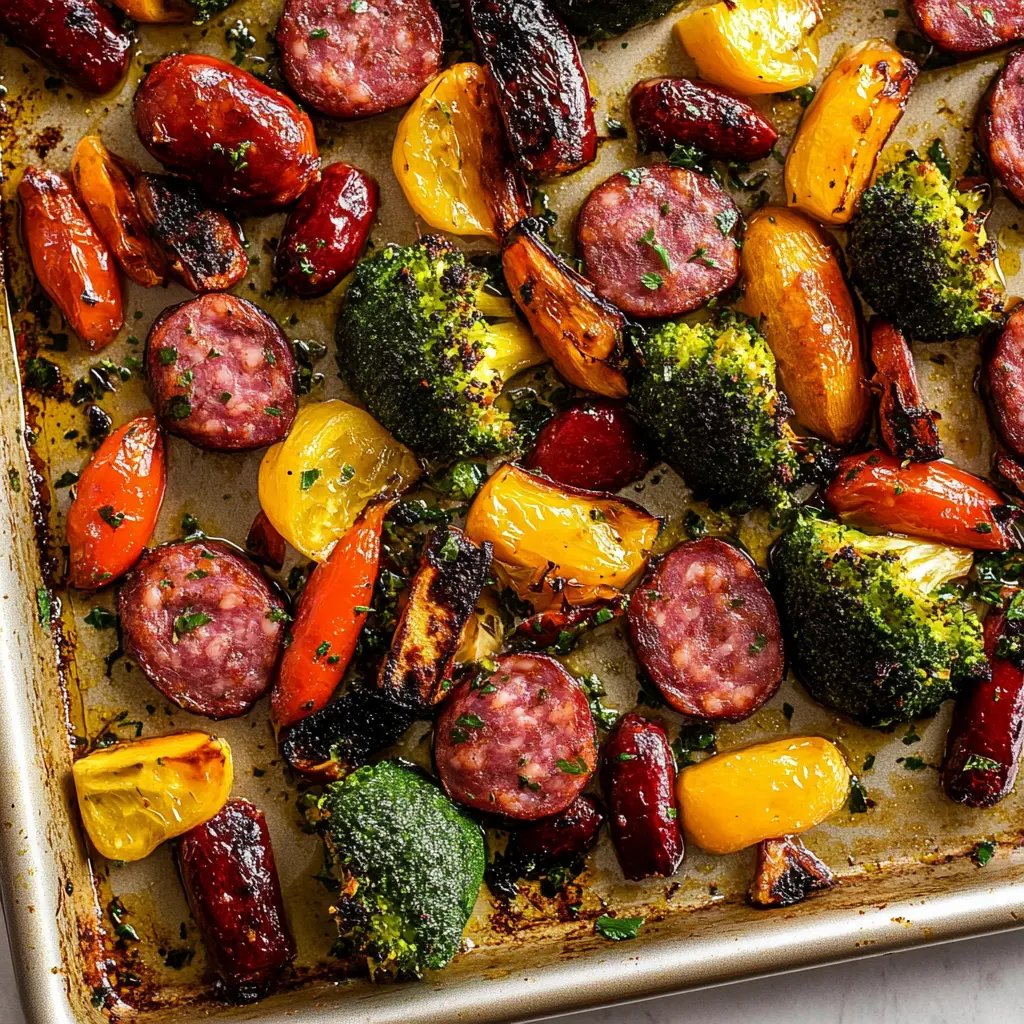 SHEET PAN SAUSAGE AND VEGETABLES centered hero view, clean and uncluttered