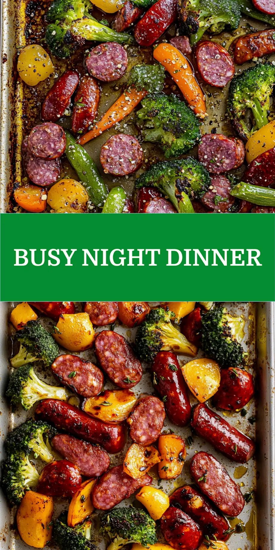 SHEET PAN SAUSAGE AND VEGETABLES centered hero view, clean and uncluttered