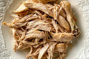 SLOW COOKER SHREDDED CHICKEN centered hero view, clean and uncluttered
