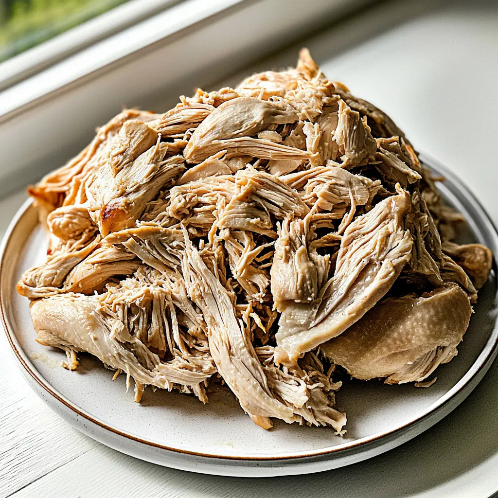 SLOW COOKER SHREDDED CHICKEN centered hero view, clean and uncluttered
