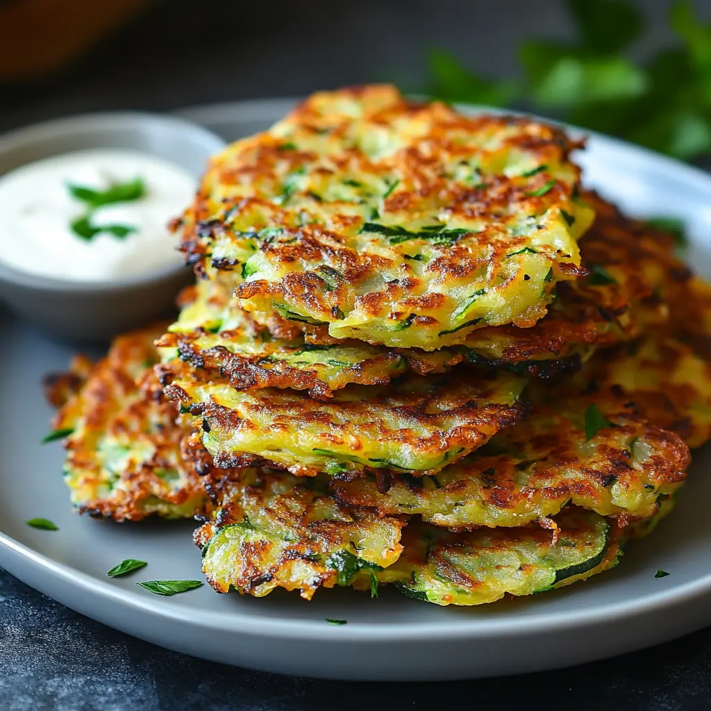 Golden zucchini fritters with crispy edges on a white plate