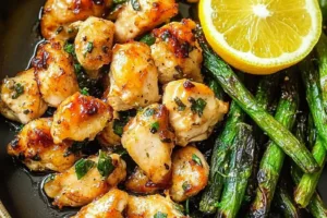 Air Fryer Chicken Breast Asparagus Lemon Easy Weeknight Dinner AIR FRYER CHICKEN BREAST ASPARAGUS LEMON centered hero view, clean and uncluttered