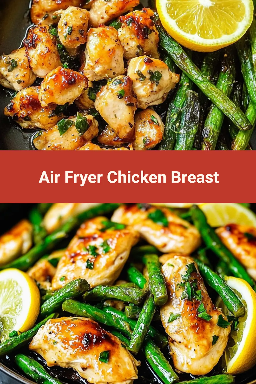 AIR FRYER CHICKEN BREAST ASPARAGUS LEMON centered hero view, clean and uncluttered