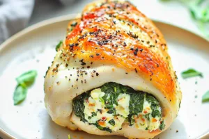 Air Fryer Feta and Spinach Stuffed Chicken Breast Easy Weeknight Meal AIR FRYER FETA AND SPINACH STUFFED CHICKEN BREAST centered hero view, clean and uncluttered