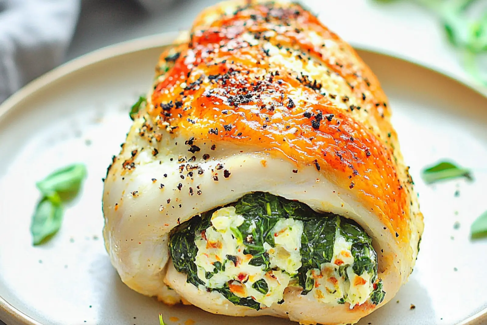 AIR FRYER FETA AND SPINACH STUFFED CHICKEN BREAST centered hero view, clean and uncluttered