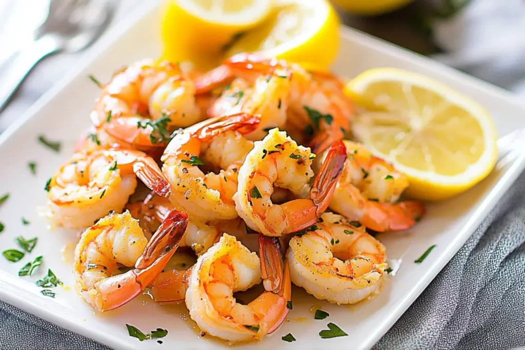 AIR FRYER GARLIC SHRIMP WITH LEMON centered hero view, clean and uncluttered
