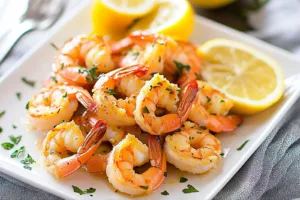 AIR FRYER GARLIC SHRIMP WITH LEMON centered hero view, clean and uncluttered
