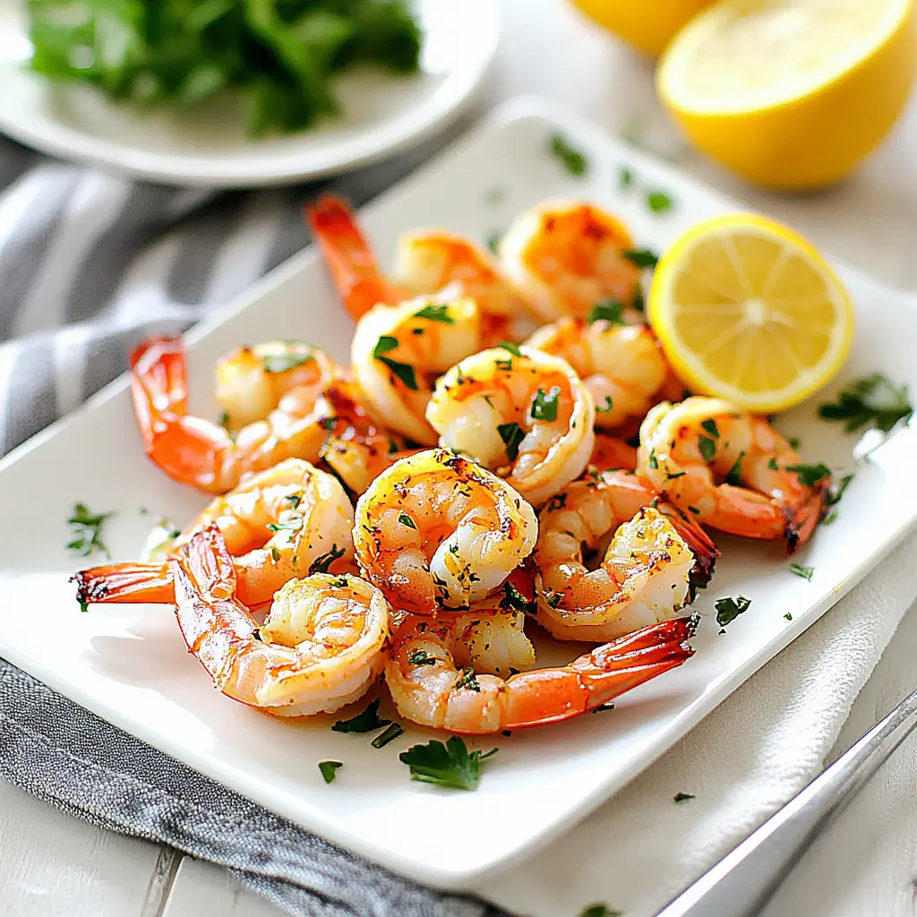 AIR FRYER GARLIC SHRIMP WITH LEMON centered hero view, clean and uncluttered