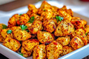 AIR FRYER HIGH PROTEIN CHICKEN BITES centered hero view, clean and uncluttered
