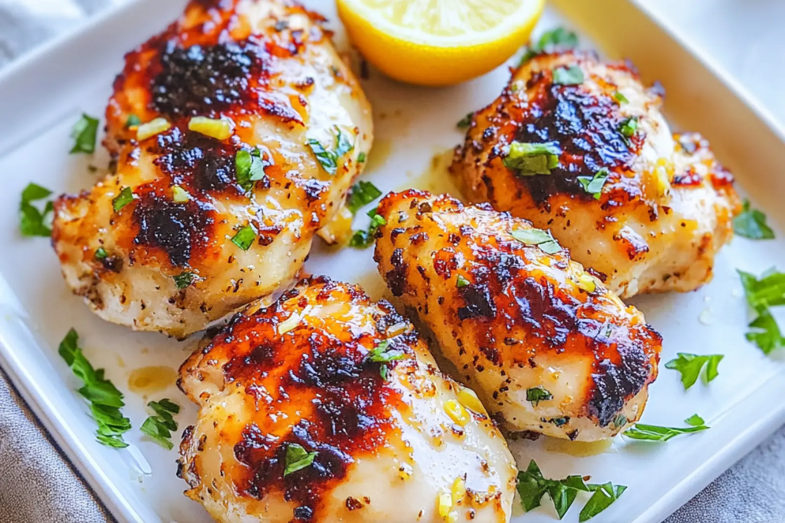 AIR FRYER LEMON GARLIC CHICKEN THIGHS centered hero view, clean and uncluttered
