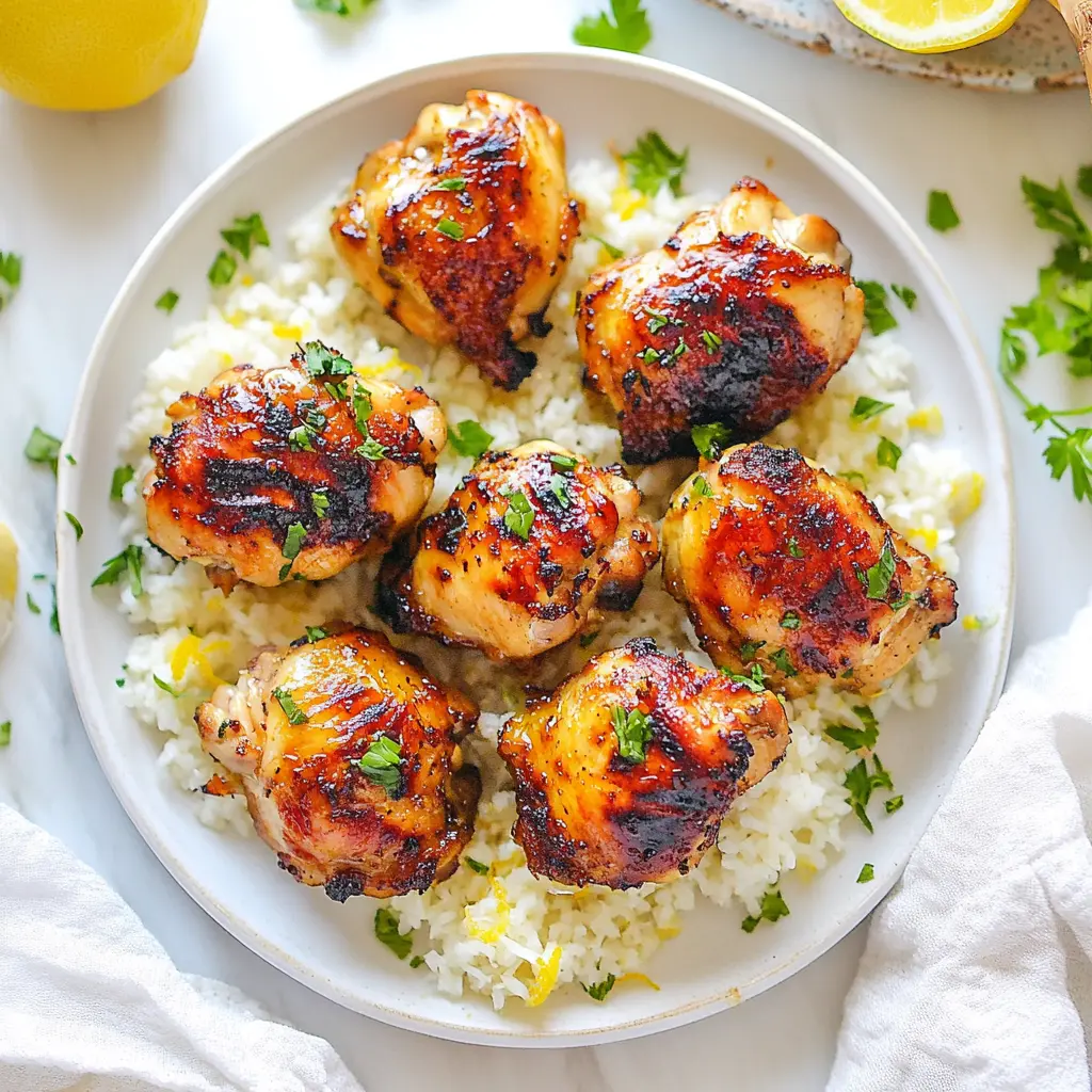 AIR FRYER LEMON GARLIC CHICKEN THIGHS centered hero view, clean and uncluttered