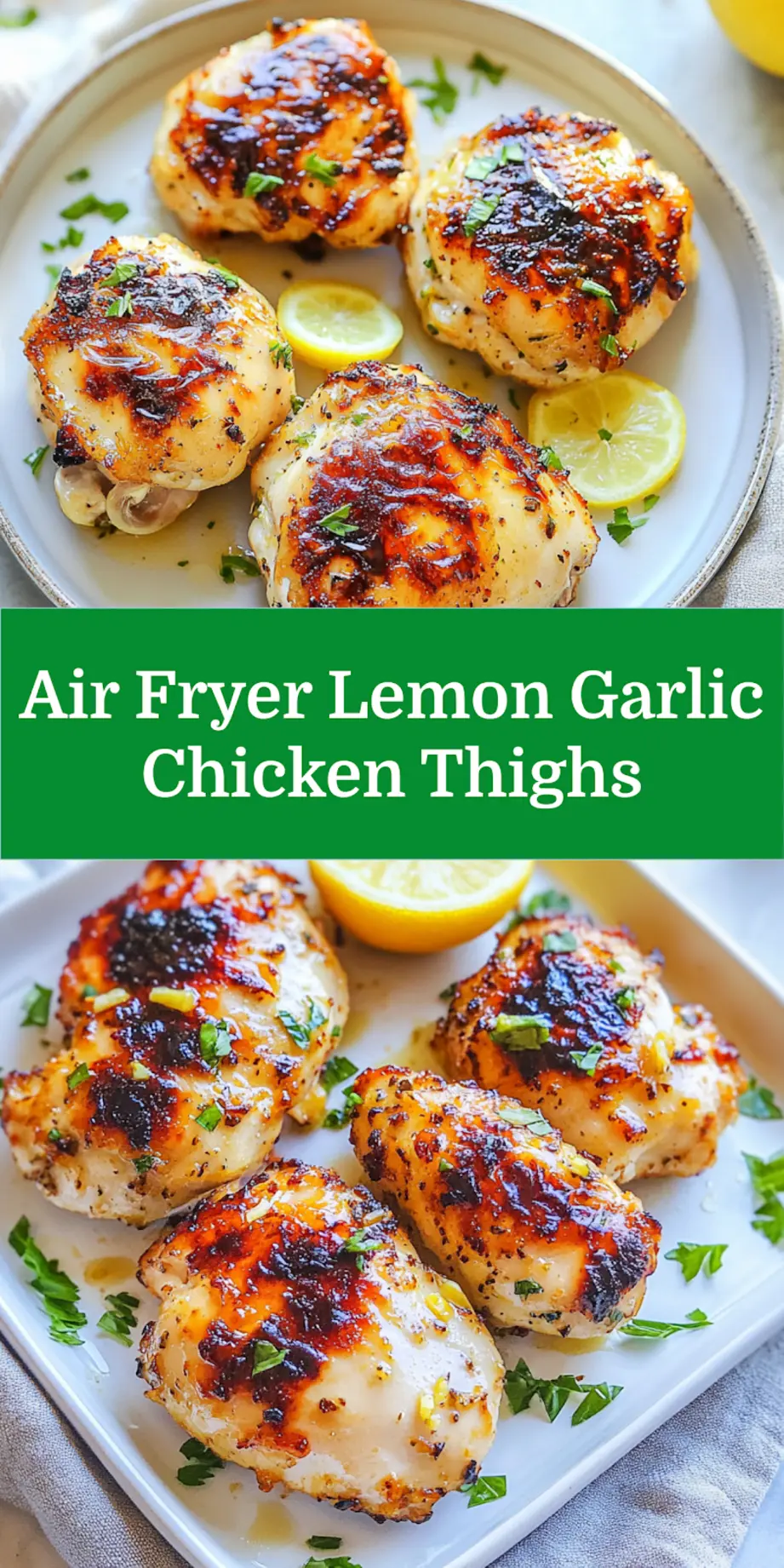 AIR FRYER LEMON GARLIC CHICKEN THIGHS centered hero view, clean and uncluttered
