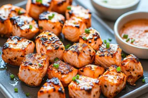 Air Fryer Salmon Bites Recipe Quick Easy Weeknight Dinner AIR FRYER SALMON BITES centered hero view, clean and uncluttered