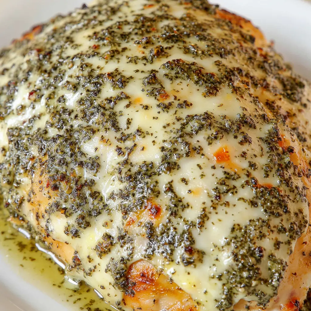 Baked pesto chicken with melted mozzarella and tomatoes on a baking sheet