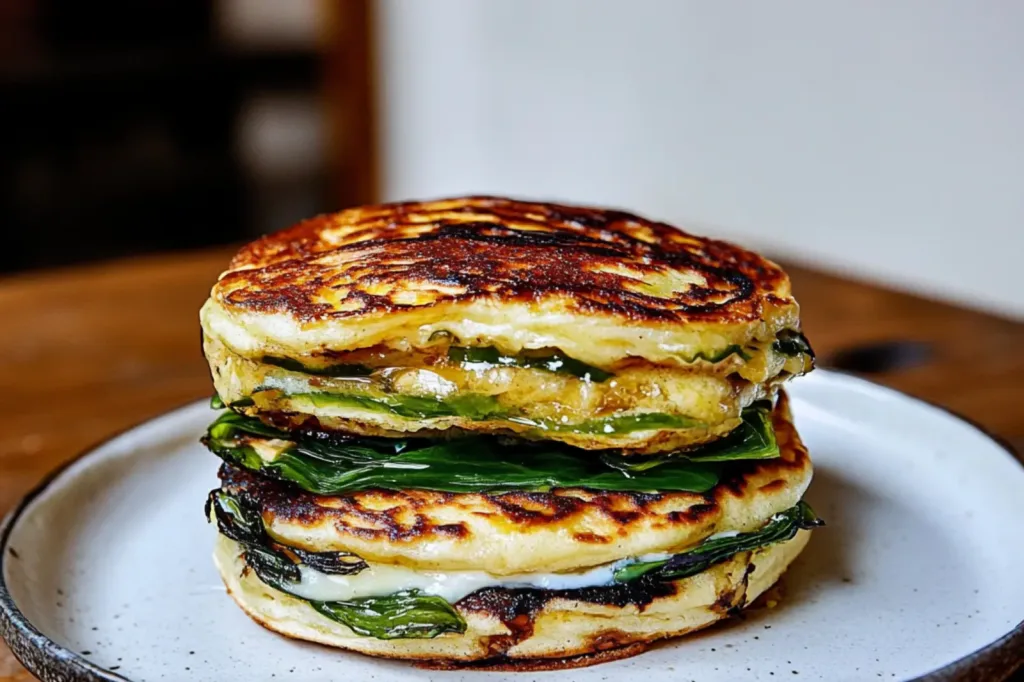 BEC SCALLION PANCAKE BREAKFAST SANDWICH centered hero view, clean and uncluttered