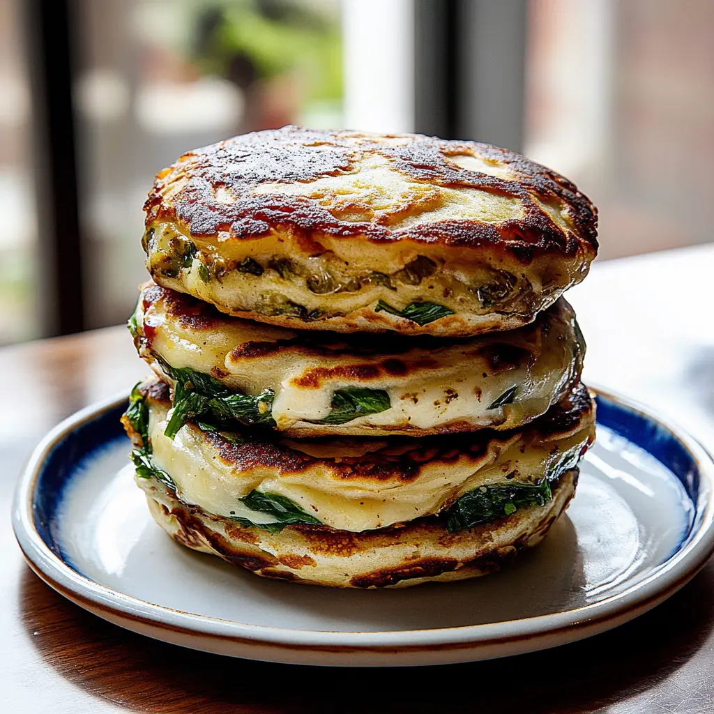 BEC scallion pancake breakfast sandwich centered hero view, clean and uncluttered