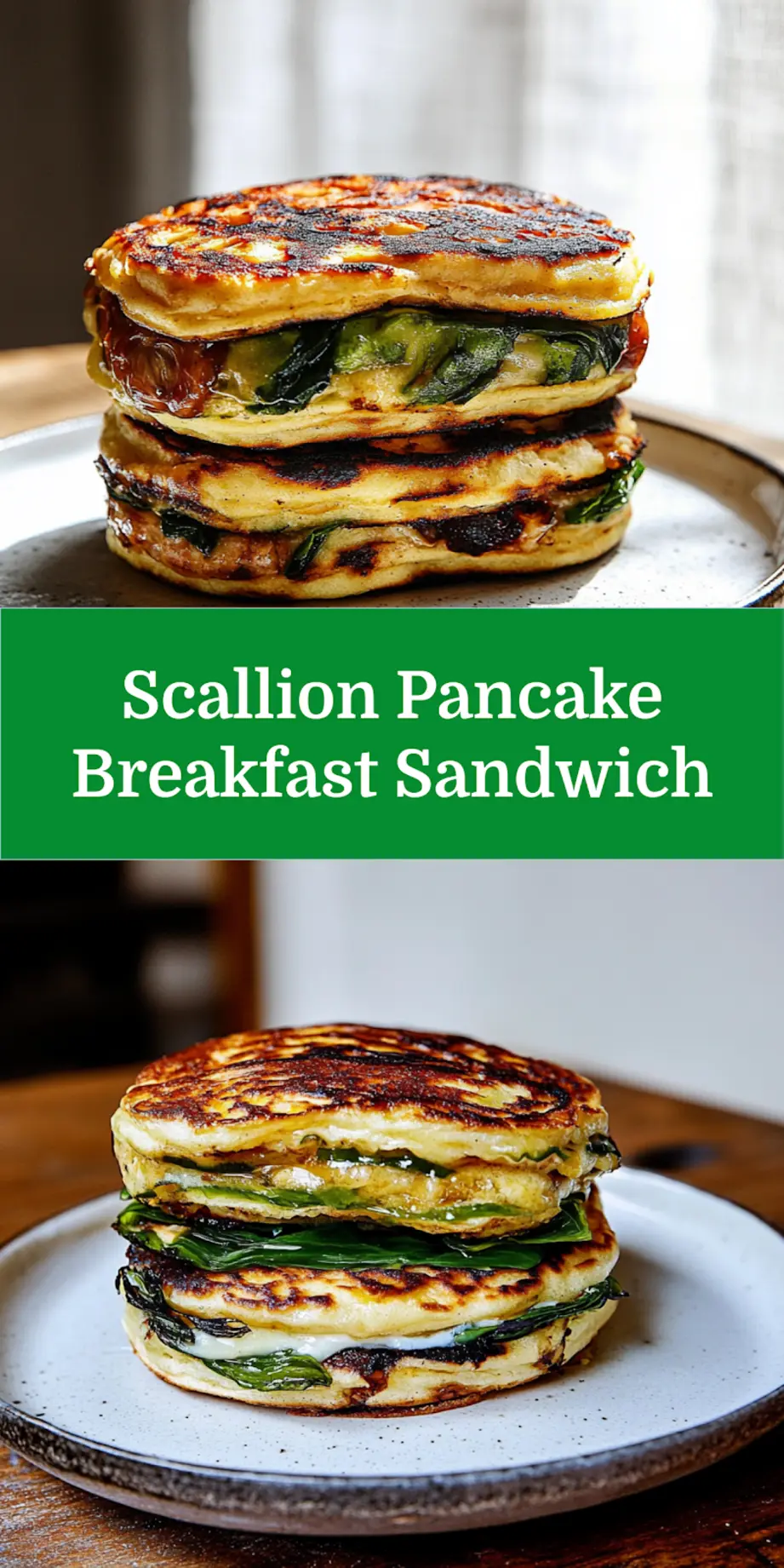 BEC scallion pancake breakfast sandwich centered hero view, clean and uncluttered pin