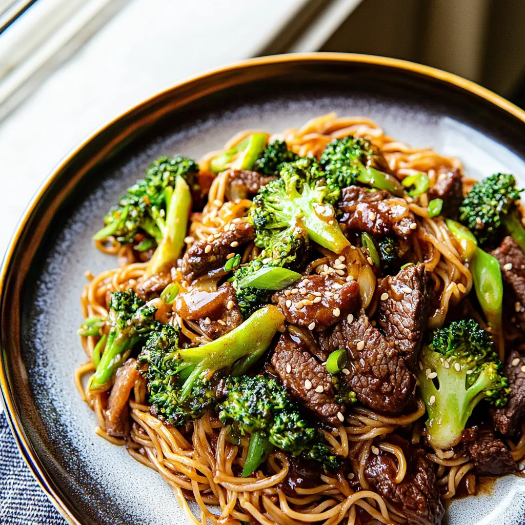 Beef and Broccoli Lo Mein Noodles Easy Weeknight Dinner 6 BEEF AND BROCCOLI LO MEIN NOODLES centered hero view, clean and uncluttered