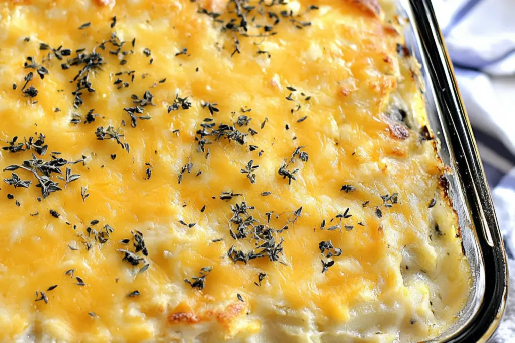 BEST CHEESY POTATO CASSEROLE centered hero view, clean and uncluttered