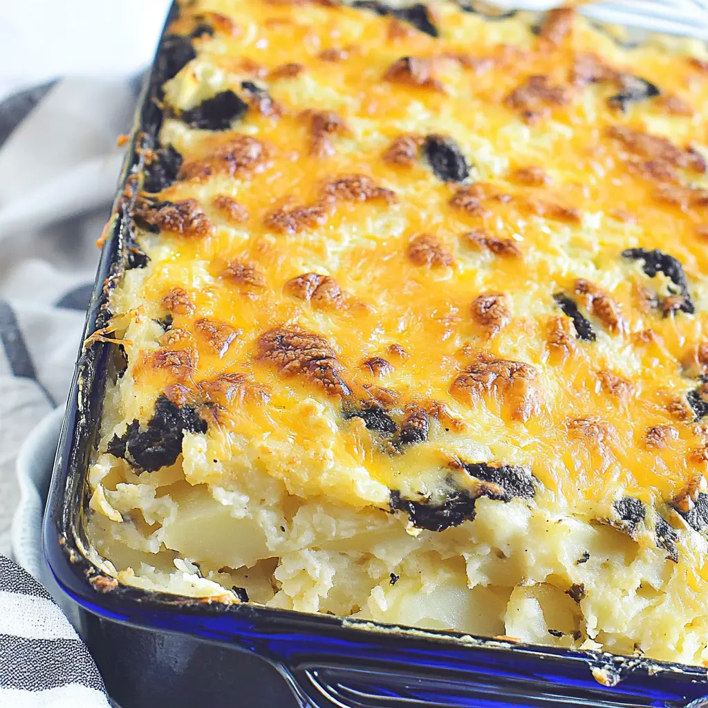 Best Cheesy Potato Casserole centered hero view, clean and uncluttered