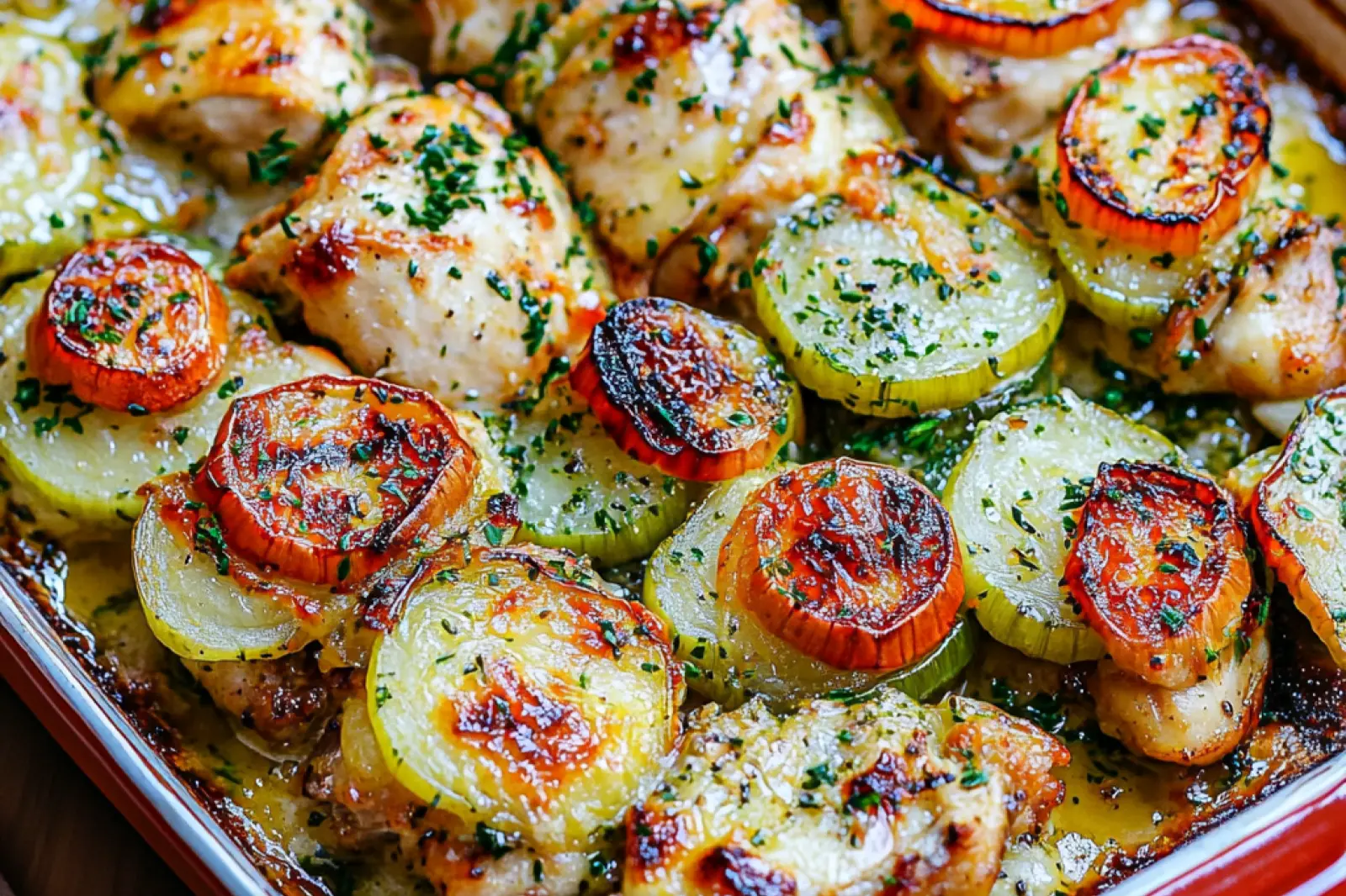 BEST MEDITERRANEAN CHICKEN ZUCCHINI BAKE centered hero view, clean and uncluttered