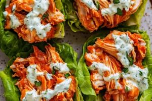 Buffalo Chicken Lettuce Wraps Easy Weeknight Dinner BUFFALO CHICKEN LETTUCE WRAPS centered hero view, clean and uncluttered