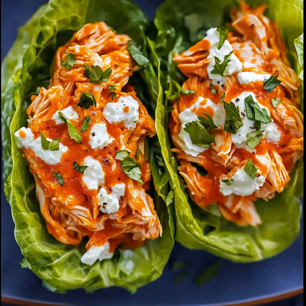 Buffalo chicken lettuce wraps on a white serving platter, filled with shredded buffalo chicken and topped with celery and blue cheese