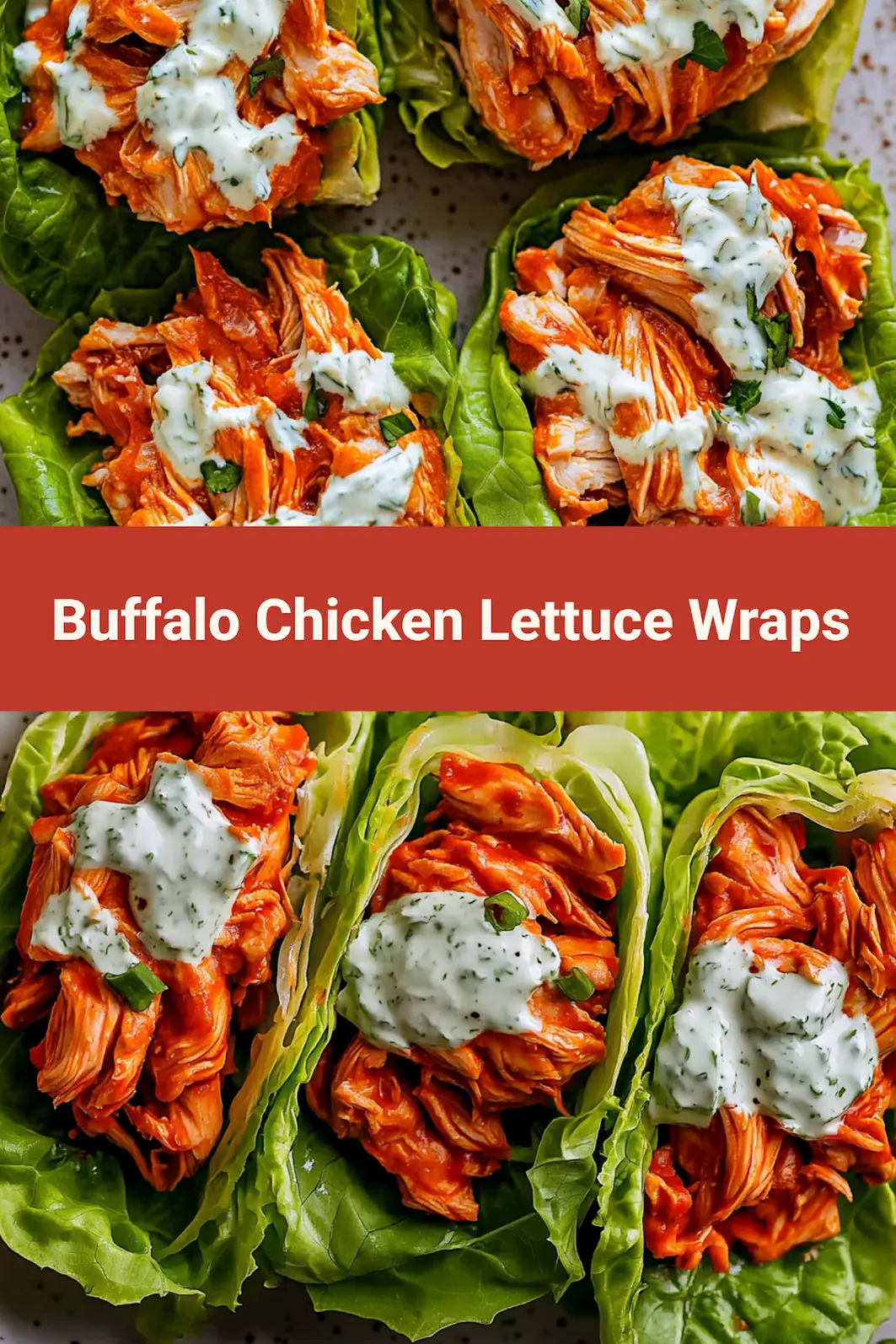 Buffalo chicken lettuce wraps arranged on a serving board with celery sticks and blue cheese crumbles