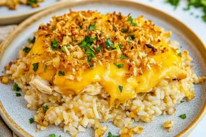 CHEESY CHICKEN AND RICE CASSEROLE centered hero view, clean and uncluttered