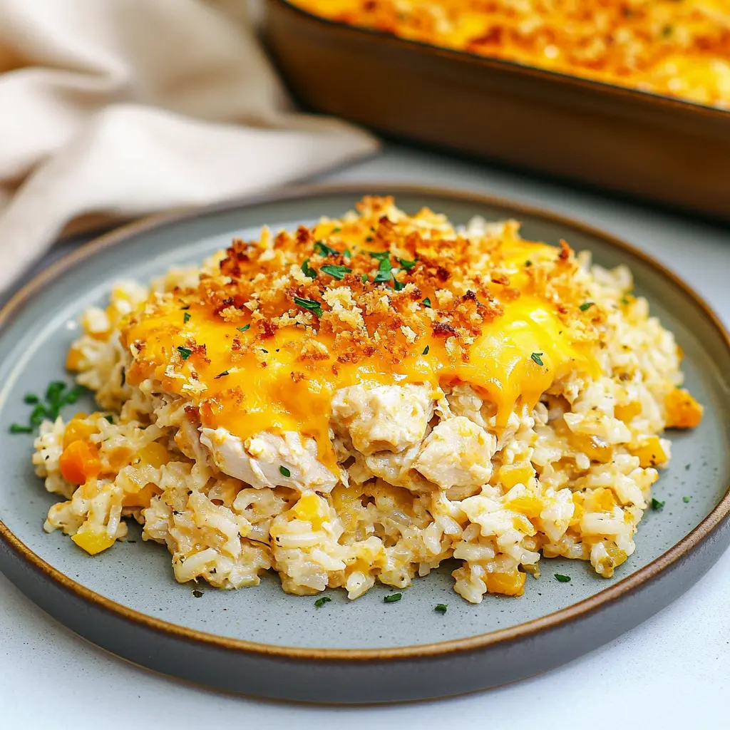 CHEESY CHICKEN AND RICE CASSEROLE centered hero view, clean and uncluttered
