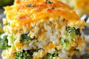 CHEESY CHICKEN BROCCOLI AND RICE CASSEROLE centered hero view, clean and uncluttered