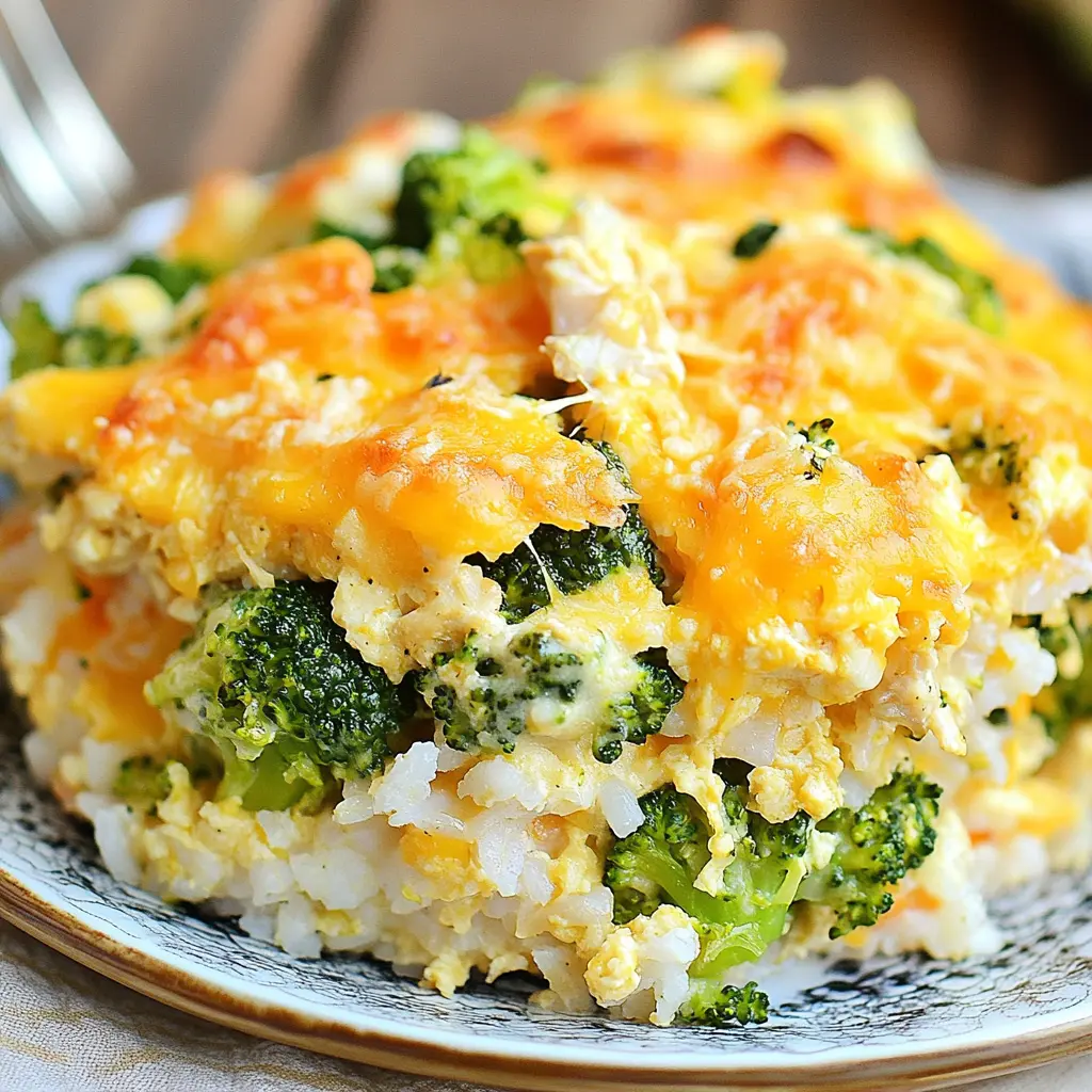 CHEESY CHICKEN BROCCOLI AND RICE CASSEROLE centered hero view, clean and uncluttered