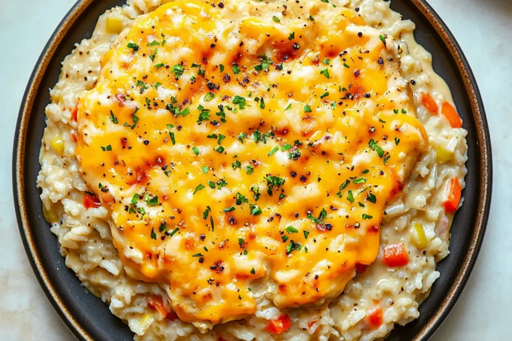 CHEESY INSTANT POT CHICKEN AND RICE centered hero view, clean and uncluttered