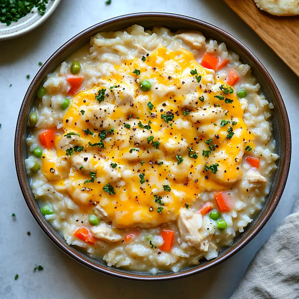 Cheesy Instant Pot Chicken and Rice in a serving bowl, warm and inviting
