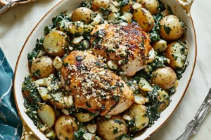 CHICKEN AND POTATOES WITH GARLIC PARMESAN centered hero view, clean and uncluttered