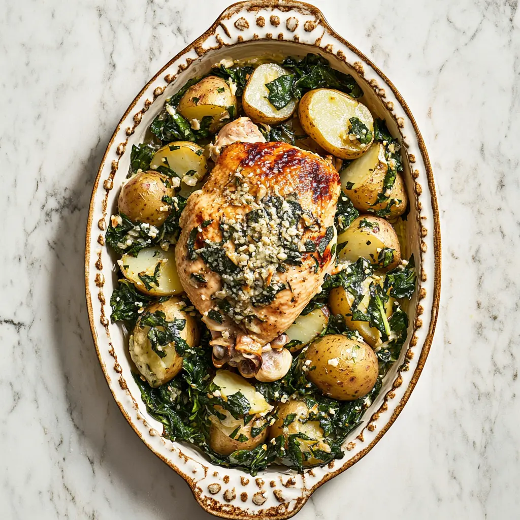 Chicken and potatoes with garlic parmesan in baking dish, golden chicken skin and creamy sauce