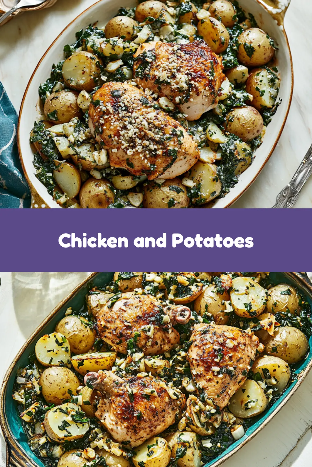 Chicken and potatoes with garlic parmesan recipe for Pinterest, golden and crispy chicken thighs with roasted potatoes