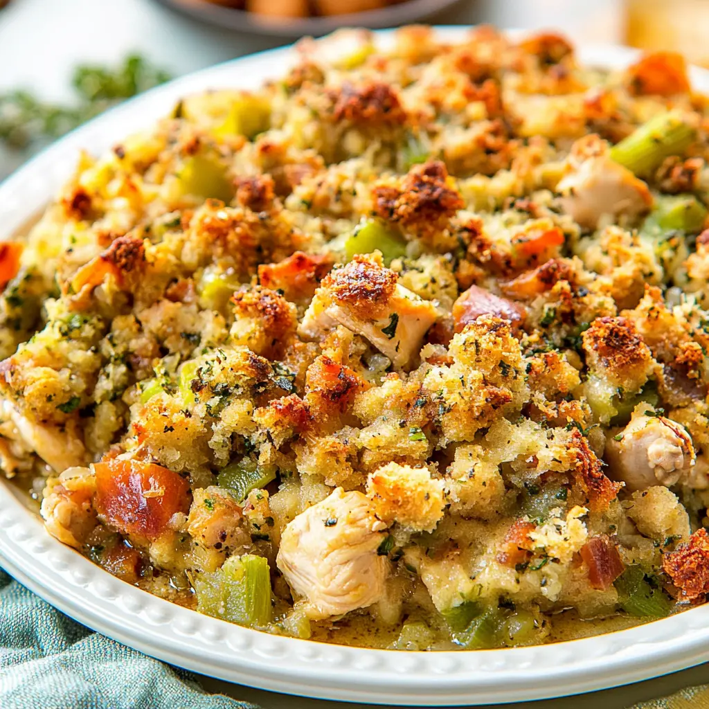 CHICKEN AND STUFFING CASSEROLE centered hero view, clean and uncluttered