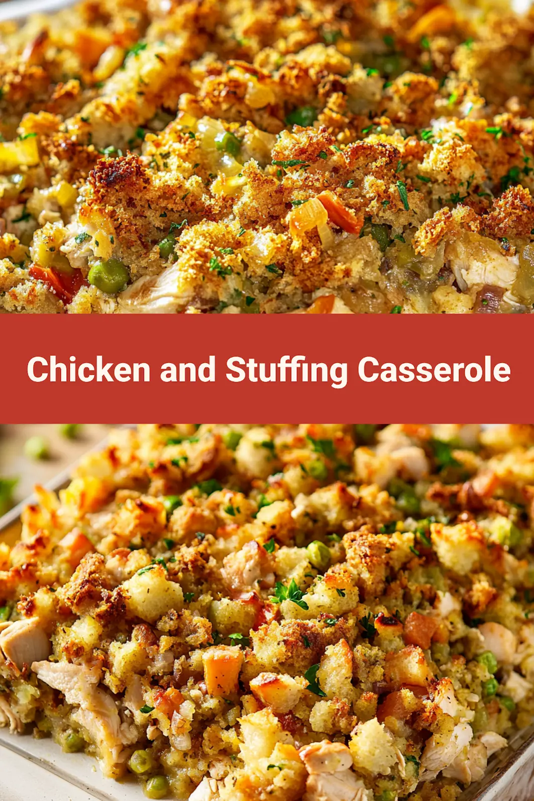CHICKEN AND STUFFING CASSEROLE centered hero view, clean and uncluttered