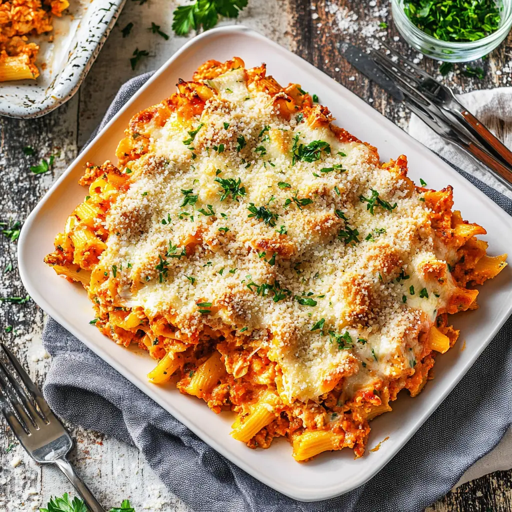 CHICKEN PARMESAN CASSEROLE recipe, served and ready to eat, easy homemade dinner