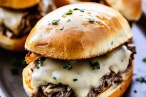 CRAFTING CROCKPOT FRENCH DIP SANDWICHES centered hero view, clean and uncluttered